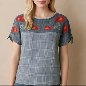 Gray Plaid Top Red Floral Embroidery Short Sleeve Casual Blouse by THML medium